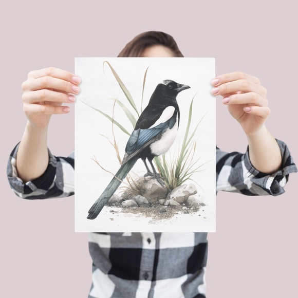 Watercolor Magpie Bird Wall Art Print, Unframed - Elegant Nature-Inspired Decor - Picture 4 of 6